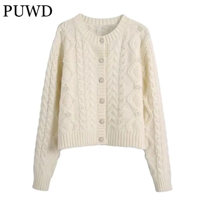 

PUWD Oversize Women O Neck Knitted Cardigan 2021 Autumn Fashion Ladies Vintage Loose Sweater Female Print Knitted Coat Top