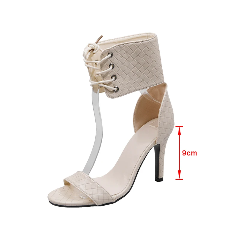 

Ladies Sandals Summer Fashion Ankle Lace Up One-character Shoe Women High Heels Sandals Cover Heels Pumps Plus Size Female Shoes