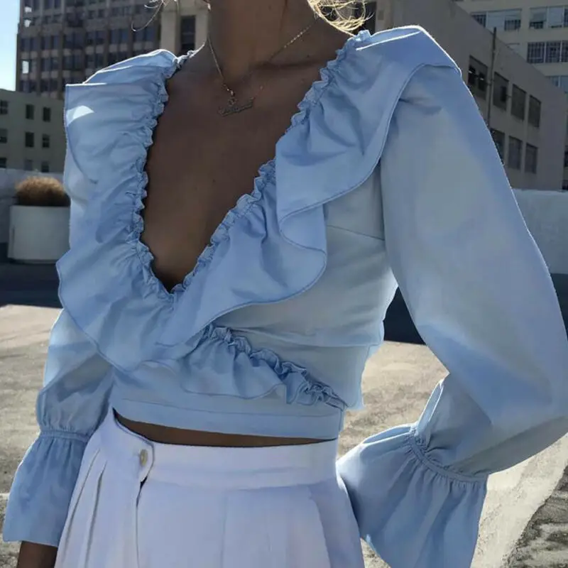 Женская шифоновая блузка с оборками элегантная повседневная однотонная