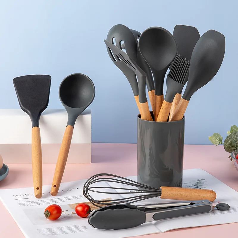

Food Silicone Cooking Utensil Wooden Handle Spatula Soup Spoon Brush Spatulas for Nonstick Cookware Home Silicone Spatula Set