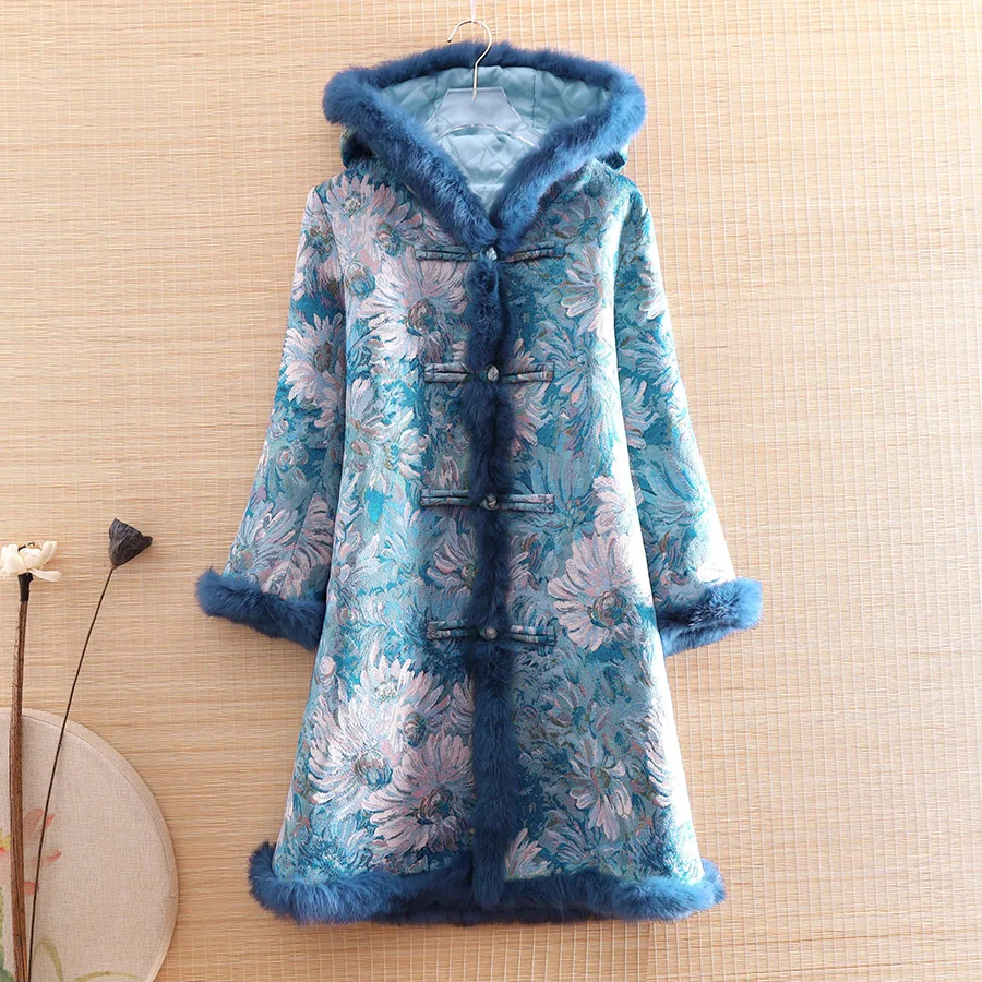 Winter Women Parka Outerwear Retro Oil Painting Jacquard Elegant Loose Lady Warm Luxurious Thick Trench Coat Female S-XXL