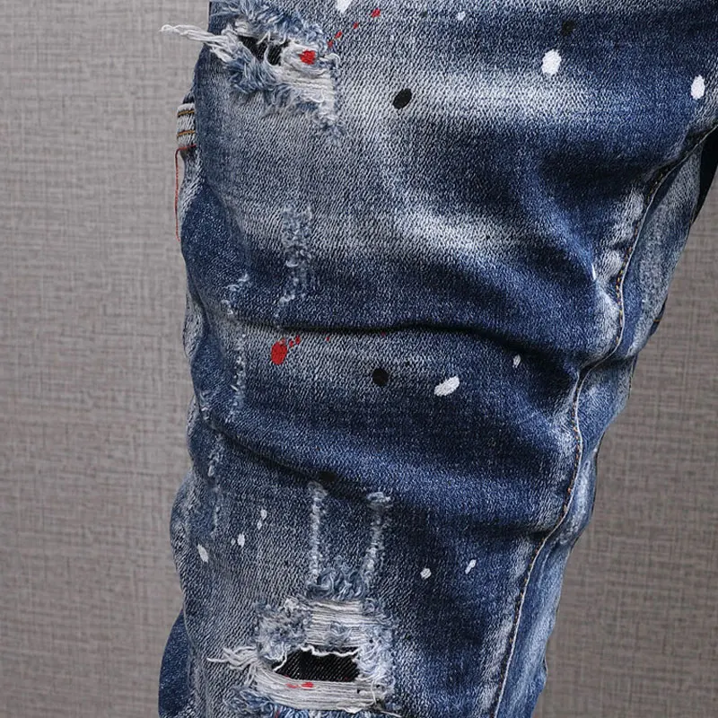 European American Street Fashion Men Jeans Retro Blue Elastic Slim Ripped Jeans Men Painted Designer Hip Hop Denim Punk Pants