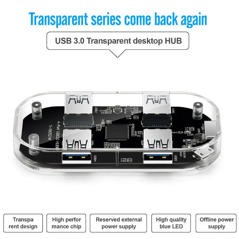 

Transparent USB HUB 4 Ports USB3.0 Adapter Splitter for Laptop U Disk Cellphones Desktop Accessories C26
