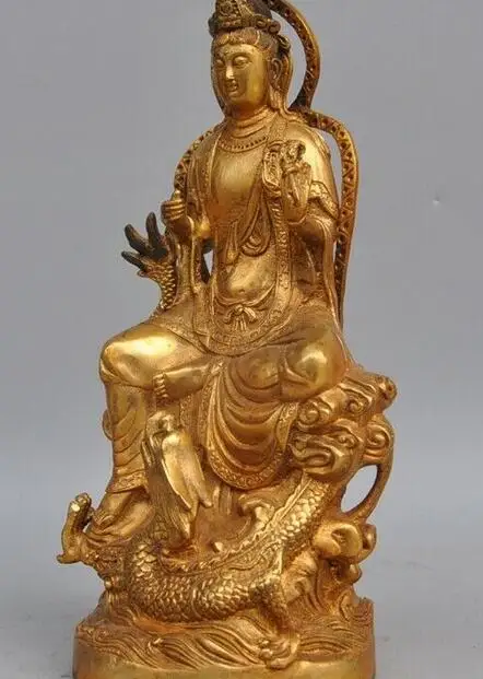 Старый китайский буддистский Бронзовый свинка сидеть Дракон Гуань Инь богиня