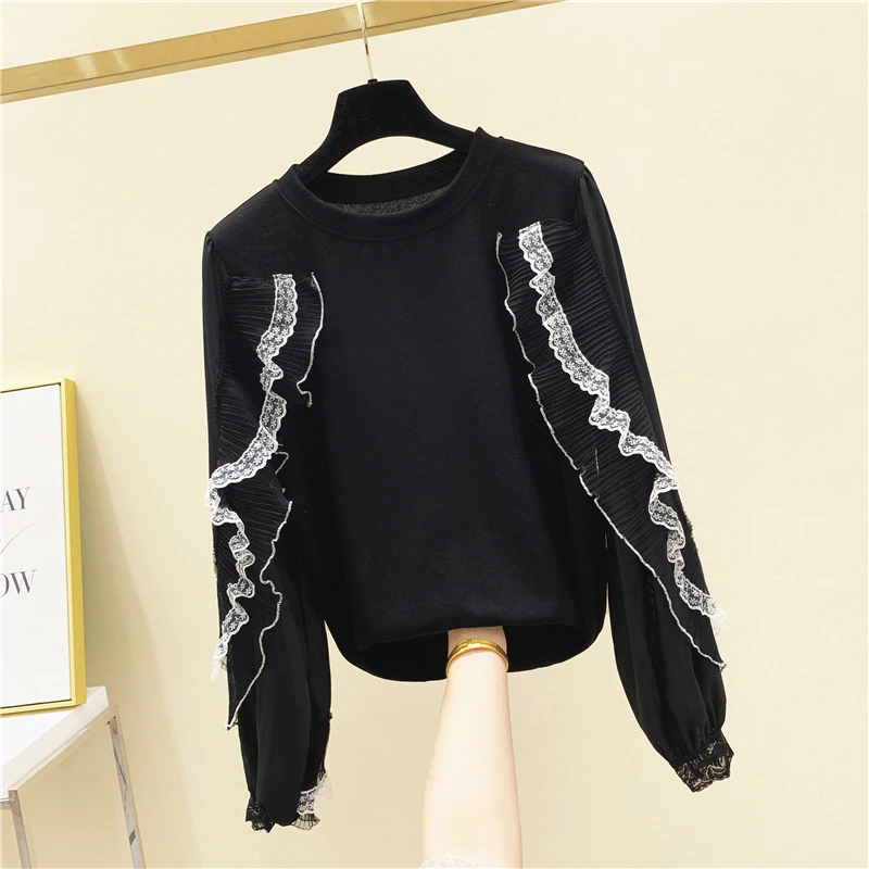 

Black Hoodie Woman 2020 Autumn and Winter New Design Lace Stitching Ruffles Round Neck Pullover Loose Sweatshirts Female Hoodies