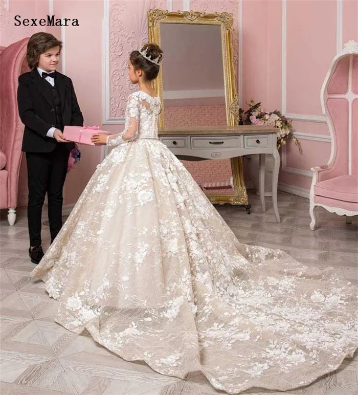 Роскошное Новое поступление платья для девочек с цветами длинным рукавом и