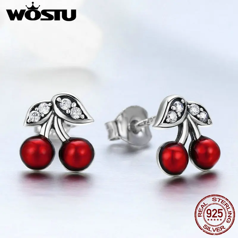 2019 Hot Fashion 925 Sterling Silver Summer Cherry Clear CZ Stud Earrings For Women Authentic Original Silver Jewelry FIE404