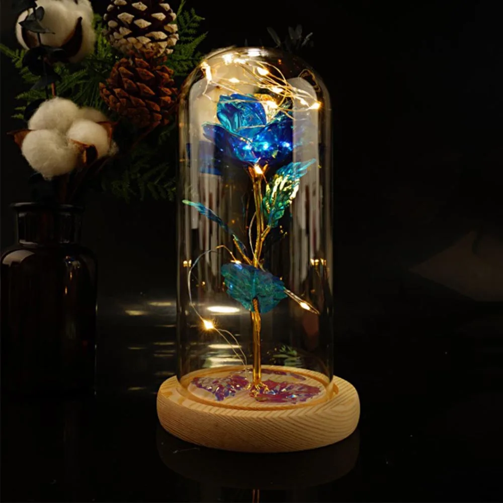 

Rose Flower With LED Light 24k Gold Leaf Immortal Birthday Valentine's Day Simulation Flower With Glass Cover Navidad