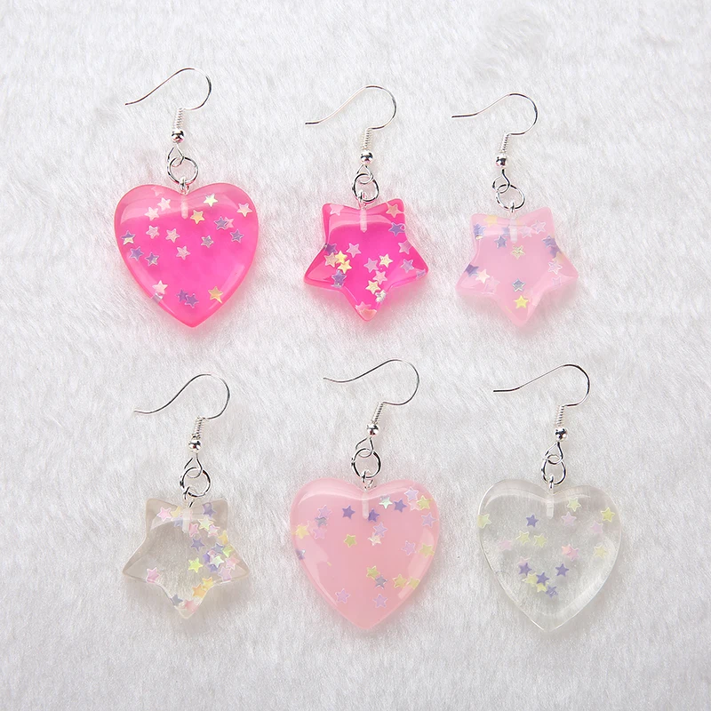 

1pair Fashion Craft Glitter Heart and star Drop Earrings Resin earring for Birthday Gift Child Girls Teens Jewelry