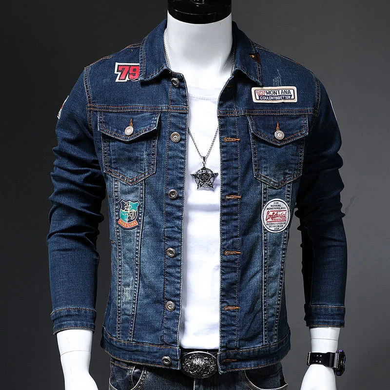Мужская джинсовая куртка с вышивкой черная модная ветровка длинным рукавом и
