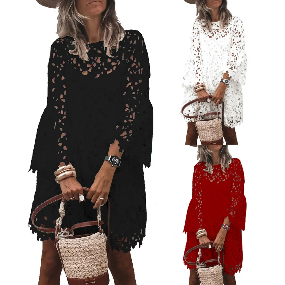 

2021 Women Lace Crochet Dress Summer Spring Round Neck Condole Vest Flared Sleeves Long Sleeve Ruffle Casual Dress