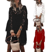 2021 women lace crochet dress summer spring round neck condole vest flared sleeves long sleeve ruffle casual dress