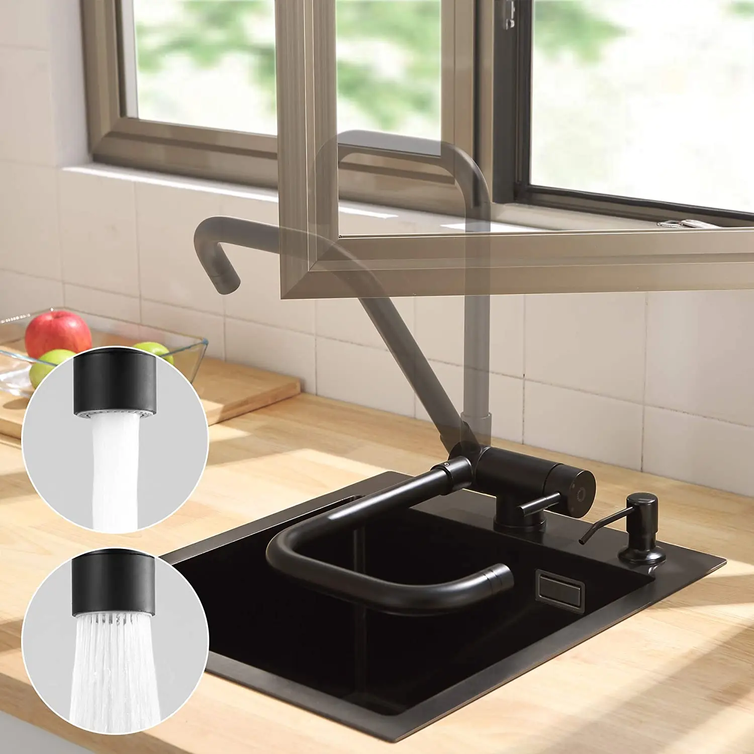 

Kitchen Faucet With 2 Jet Types, Foldable Mixer 360 ° Rotatable Lower Window Mixer Tap Kitchen Sink Mixer Taps Kitchen Black