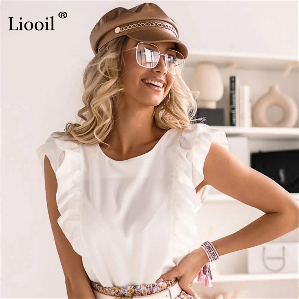 

Liooil Ruffle Bandage Backless Tops O Neck Sleeveless Tank Ladies White Black Top For Women 2021 Summer Blouses Casual Elegant