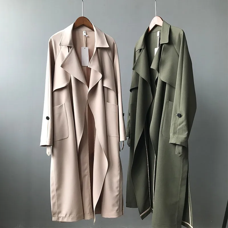 

Zoulv 2021 Spring High Quality Sashes Trench Coat High Waist Casual Windbreaker Women Solid Turn Down Collar Pockets Long Coat