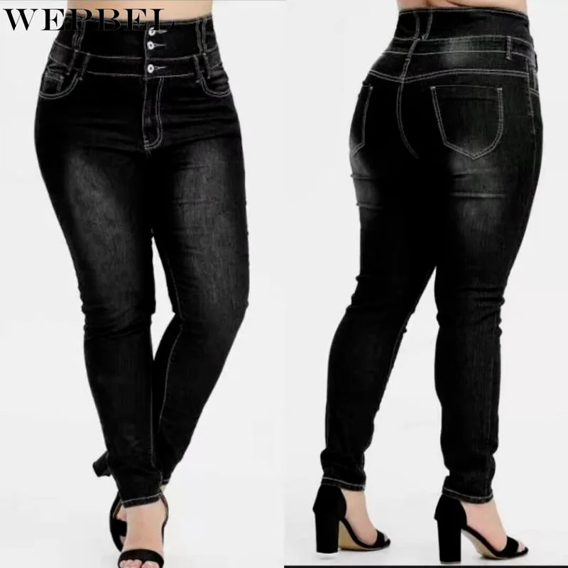 

WEPBEL Fat Girl Pencil Jeans Women Button High Waist Slim Fit Denim Pants Casual Fashion Long Trousers