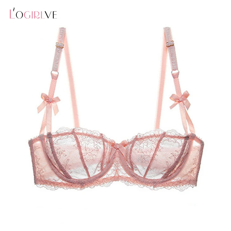 No-Wire Bra  Logirlve Ultrathin Underwear Plus Size C D Cup Sexy Bras Embroidery Lingerie Lace Women Transparent Bra Half Cup Pink Brassiere 