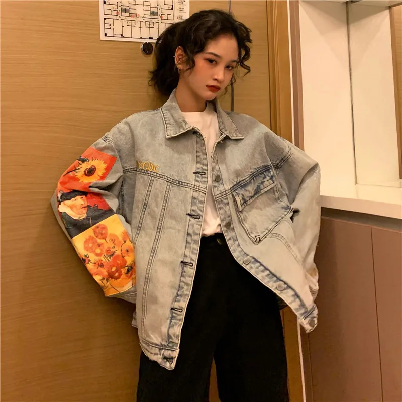 Длинная джинсовая куртка с мультяшным принтом Женская шикарная уличная одежда в