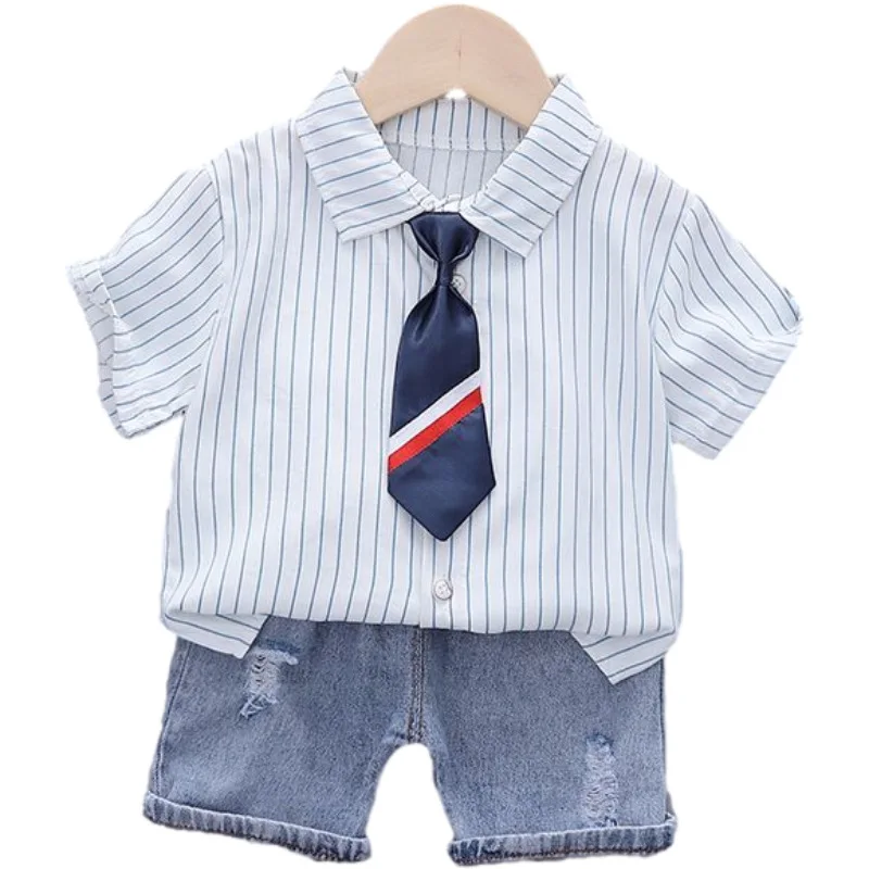 

HYLKIDHUOSE Baby Boys Clothing Sets 2021 Summer Children Casual Clothes Short Sleeve Shirt Denim Shorts Kids Vacation Clothes
