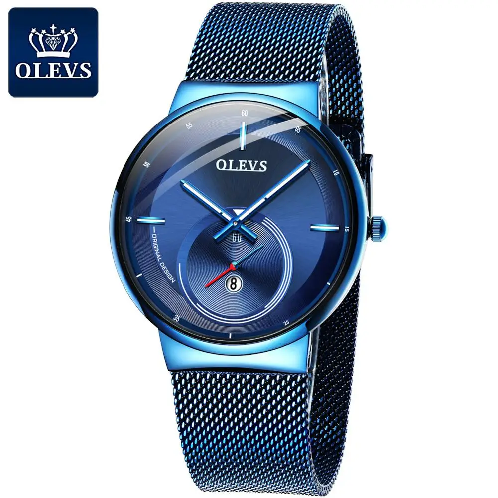 NEW OLEVS Watch Men Luxury Quartz Date Blue Dial Thin Top Brand Watches Sports Chronograph Mesh Belt Wrist Watch Man Clock