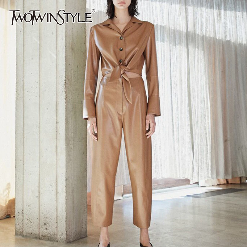 TWOTWINSTYLE бант из искусственной кожи женские Комбинезоны воротник с лацканами длинный рукав высокая талия комбинезон со шнуровкой Женская мода Новинка
