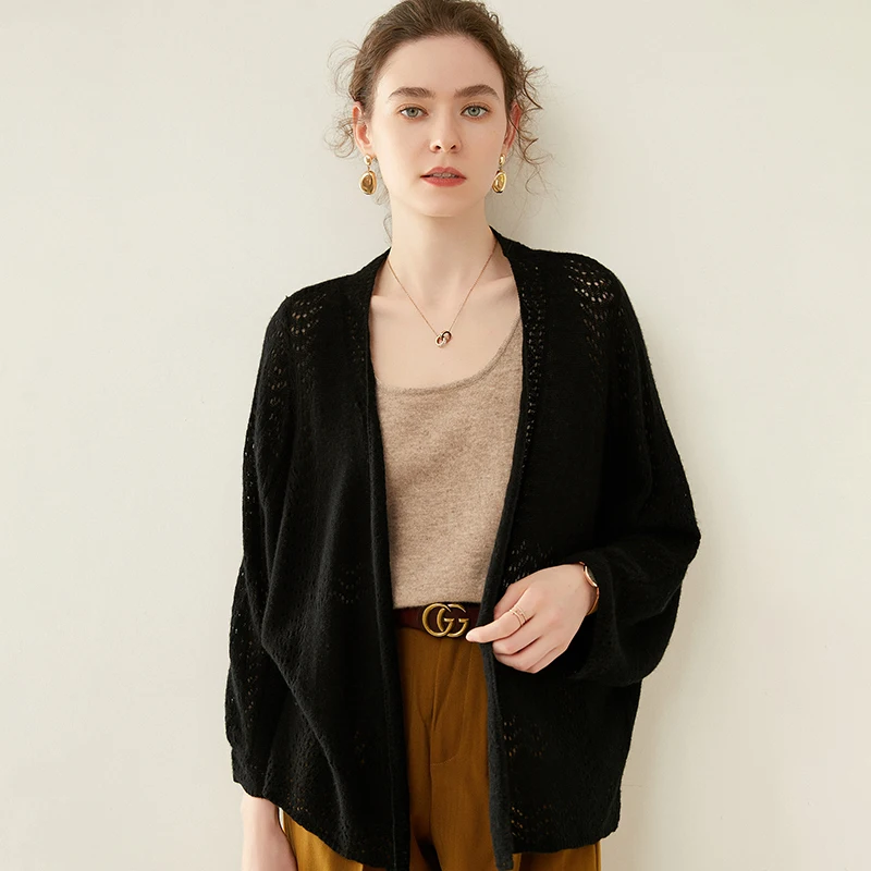 

100% Merino Wool Knitting Cardigans Women 2021 Spring New Fashion Jackets 6Colors No-button Open Coats