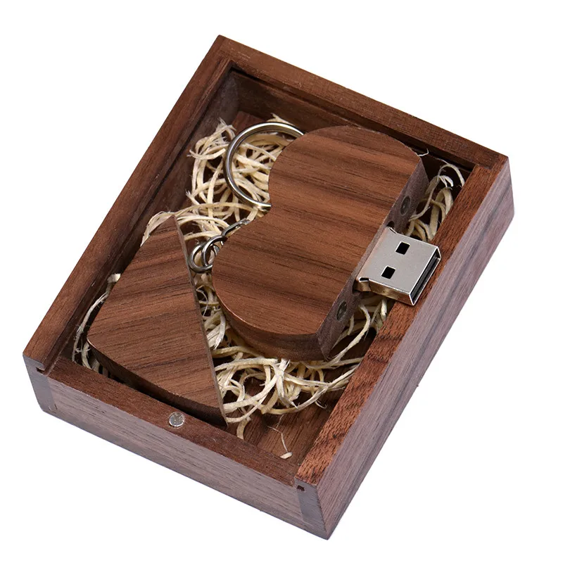 Jaster логотип на заказ деревянное сердце USB+ коробка USB флэш-накопитель Флешка 128 Гб 64 ГБ 32 ГБ 16 ГБ 8 ГБ U диск фотографии свадебные подарки - Цвет: Walnut with BOX