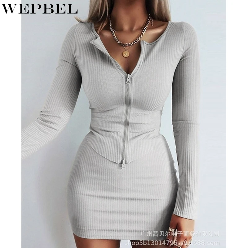 

Женский Повседневный однотонный облегающий костюм WEPBEL, осенняя Асимметричная футболка на молнии с длинным рукавом и круглым вырезом и юбка...