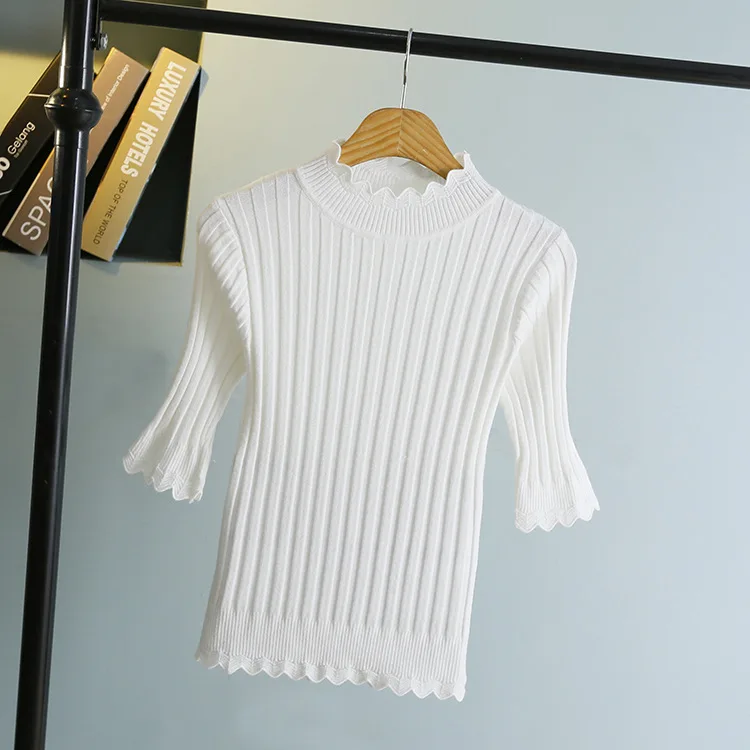 

Spring High Collar Short Sleeve Slim Fit Green Sweater Women Knitted Sweater Women Autumn Pullovers Korean Knitwear Girls Tops