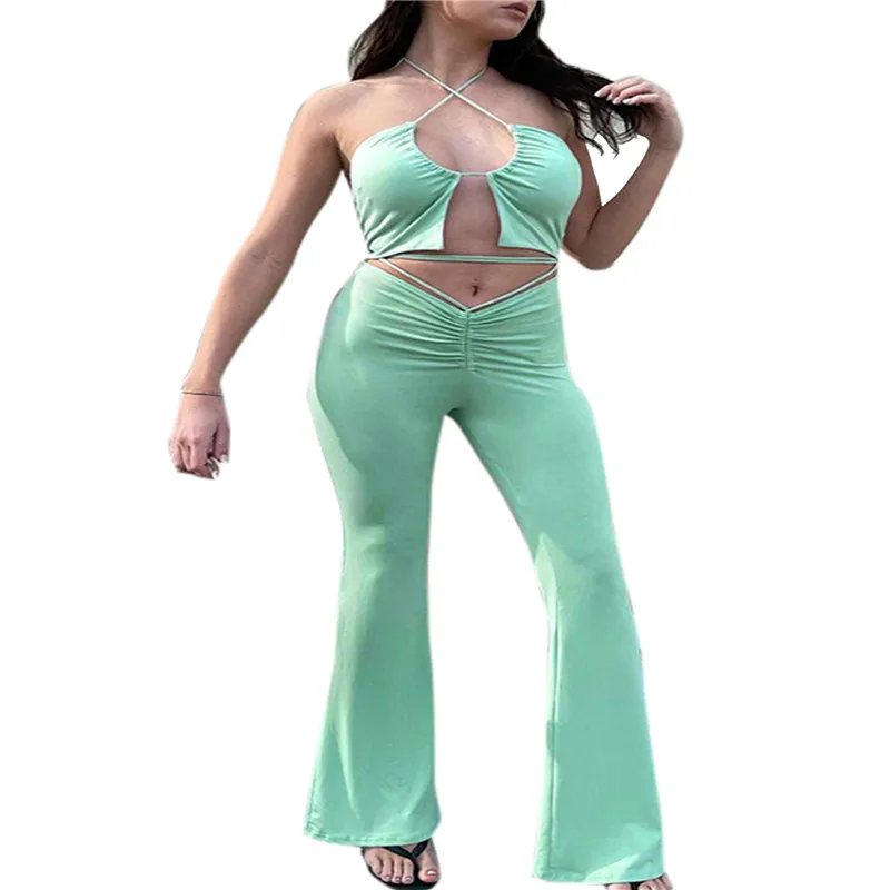 

Женский Повседневный костюм из двух предметов, зеленый укороченный топ с лямкой на шее и брюки-клеш с заниженной талией