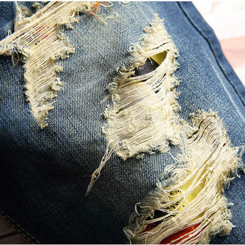 Мужские джинсовые шорты с дырками синие дышащие повседневные рваные летняя