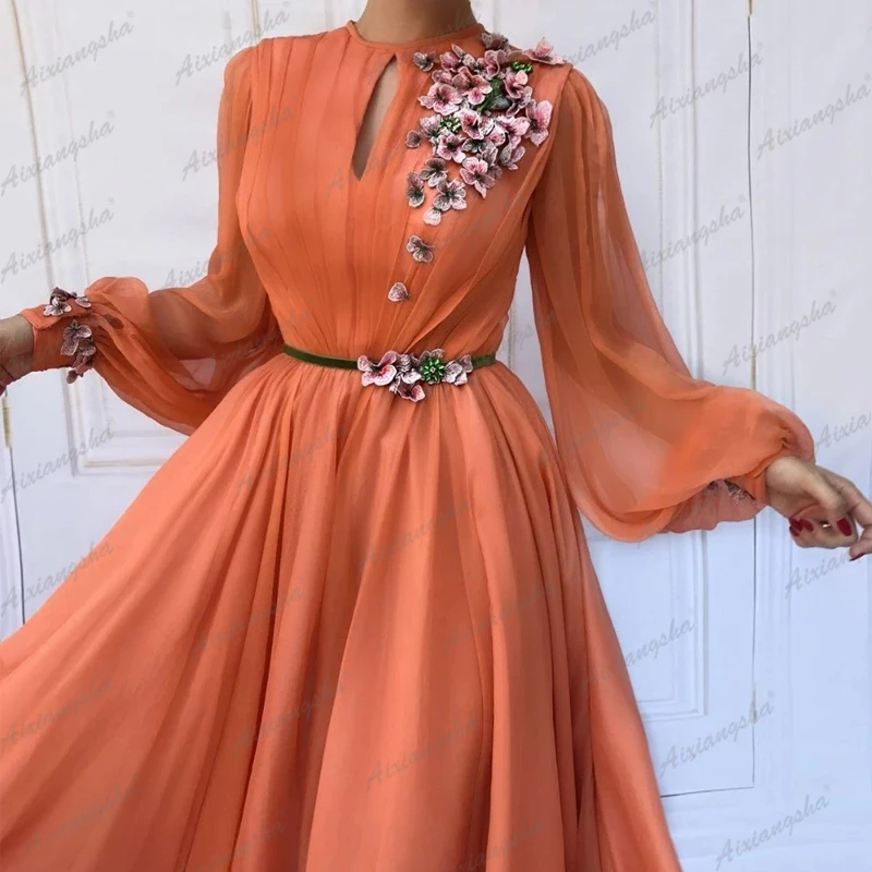 Оранжевые мусульманские Вечерние платья с длинным рукавом ТРАПЕЦИЕВИДНОЕ