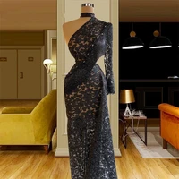elegant black evening dress full lace one sloulder long sleeves tassel prom gowns formal party dresses vestidos de novia
