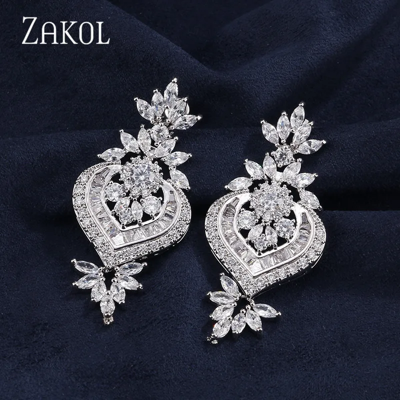 ZAKOL люстра из розового золота Роскошные Большие длинные серьги-капли с цветком маркизы блестящие CZ Brincos свадебные женские ювелирные изделия FSEP187