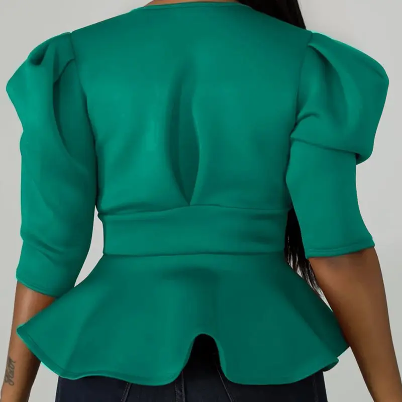 Блузка женская с V образным вырезом пикантный топ пышными рукавами баской бантом