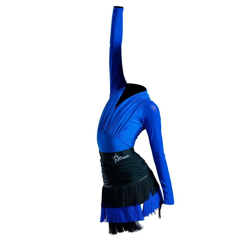 

Children Latin Dance Clothes Girls Long Sleeve Blue Latin Dress Fringed Skirt Competition Samba Rumba Cha Cha Dance Wear