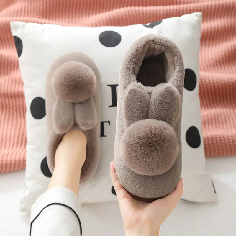 

Autumn Winter Cotton Slippers Fur Rabbit Home Warm Thick Bottom Indoor Cotton Shoes Womens Slippers Cute Fluffy Cat Slippers