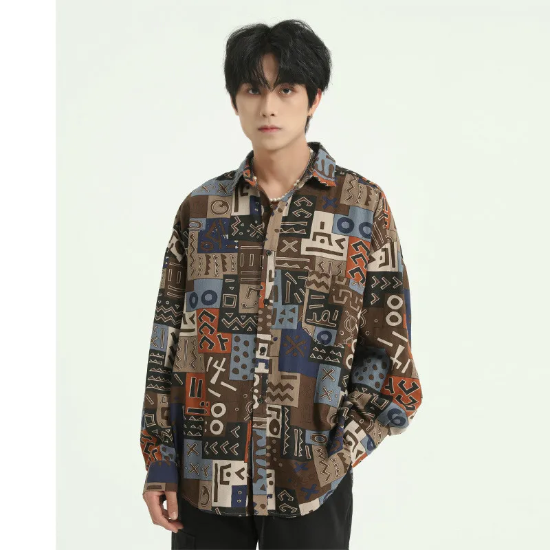 Мужская винтажная Повседневная рубашка с принтом и длинным рукавом Уличная