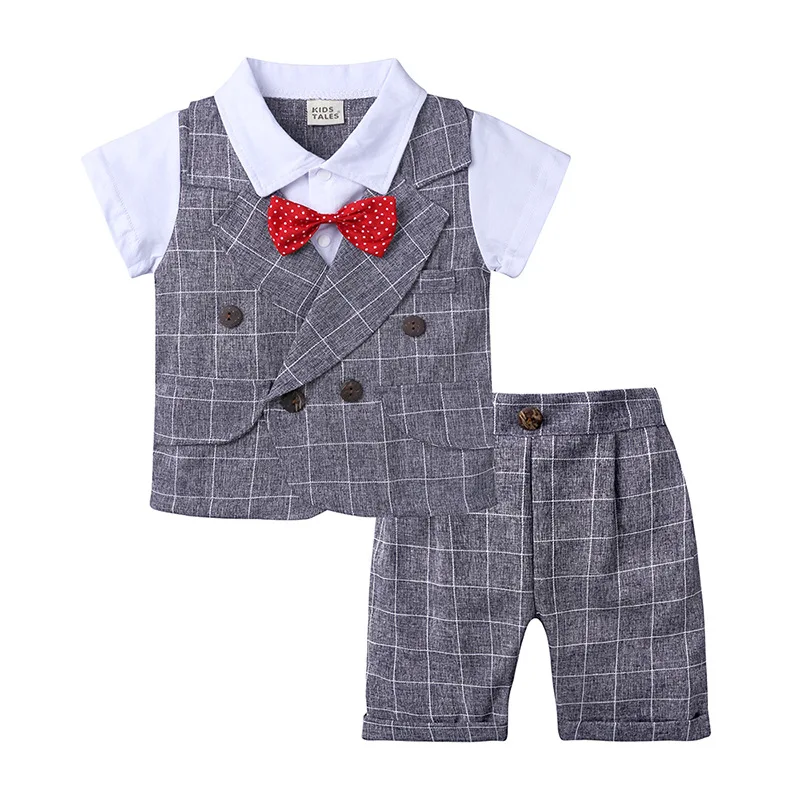 Baby Boy Clothes Set 0-4Y Toddler Kids Formal Short Sleeve Bow Knot Tie Shirt Top Plaid Pants Gentleman Suit Summer Outfit |