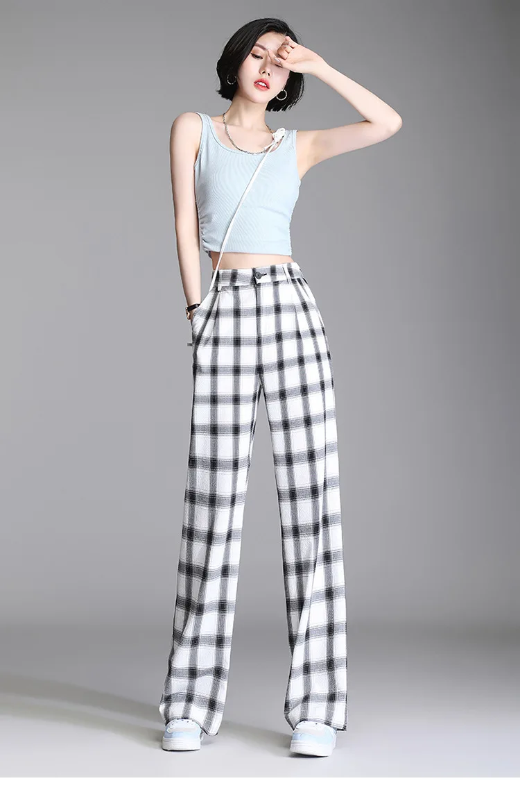 

Plaid Wide Leg Pants 2021 Summer Women High Waisted Plus Size 4XL Casual Loose Vintage Elegant Straight Trousers Female 8095