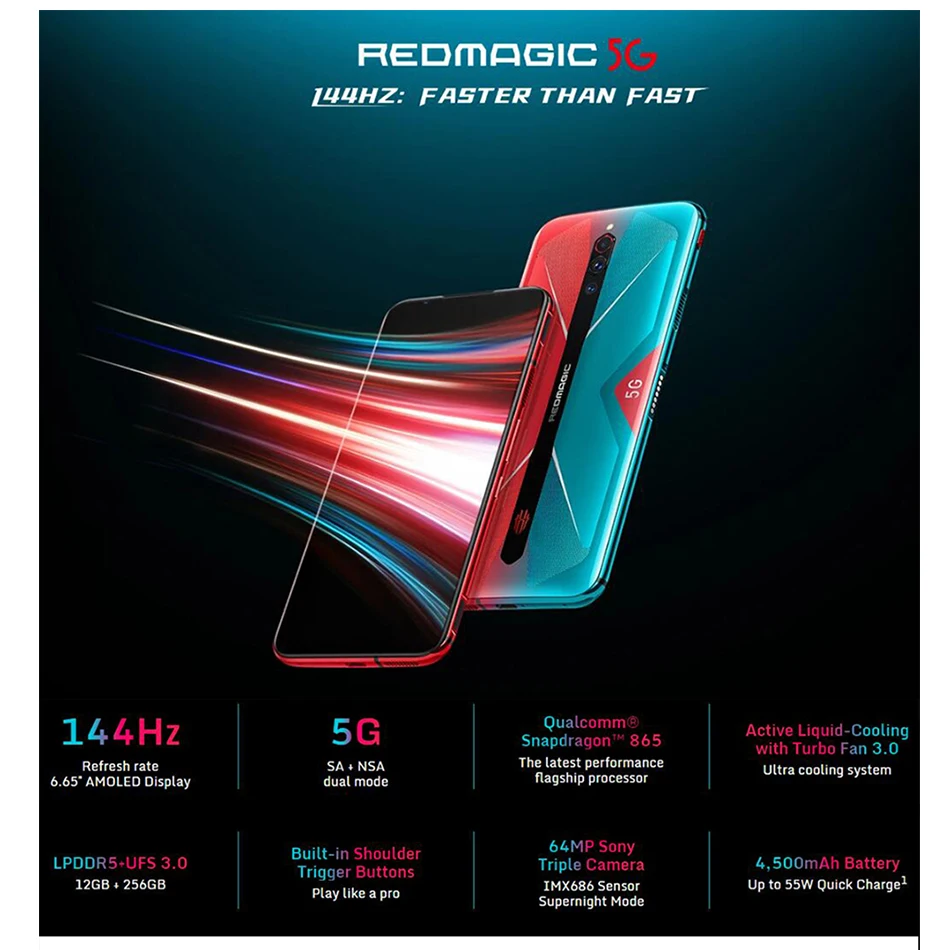Global Version Nubia Redmagic 5G Game SmartPhones 8/12GB 128GB 6.65&quot 144HZ Snapdragon 865 NFC 55W Fast charging Mobible Phone |