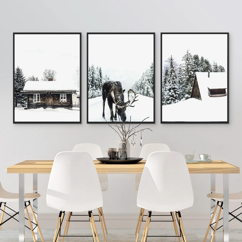 Зимний лес Moose Рождественская стена художественный холст постер принт снежные