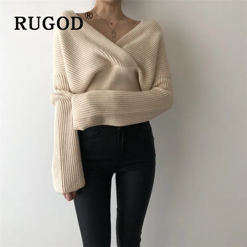 RUGOD korean chic solid female sweater pullovers v neck cross shape high waist knitted pull fashion elegant woman warm | Женская одежда