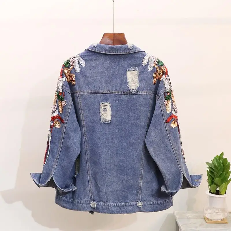 Korean Beading Sequin Denim Jacket Coat Women Outwear Spring Autumn Jeans Loose Basic Vintage Jackets | Женская одежда