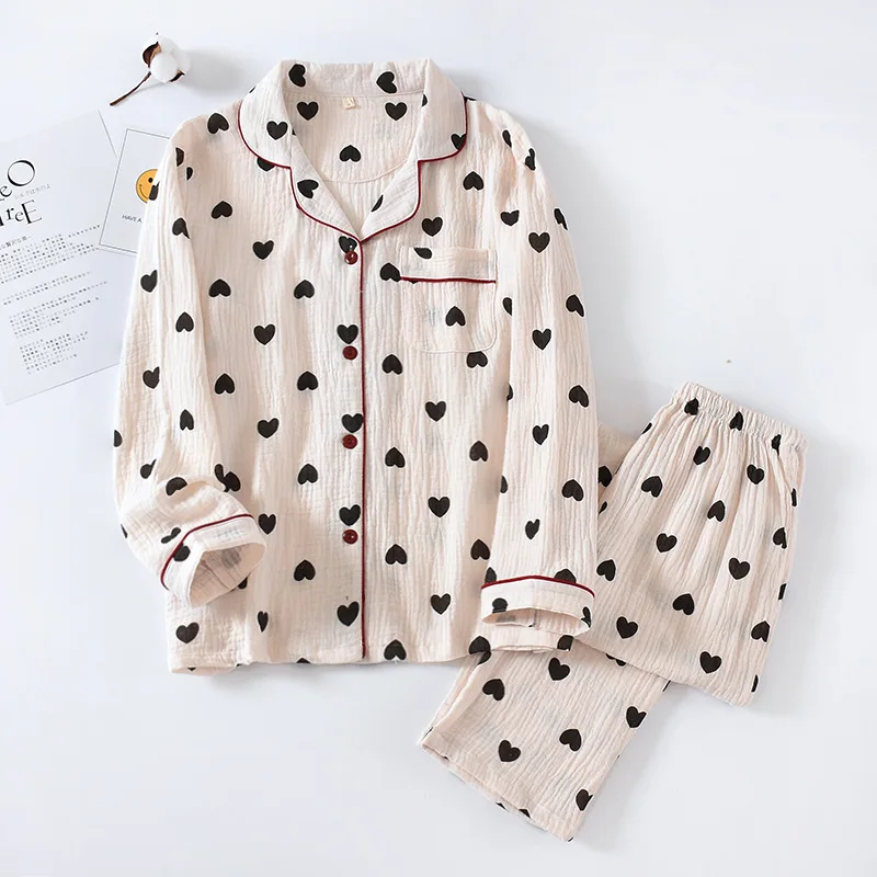 

Japanese Women Spring And Autumn Pajamas Ladies Pure Cotton Set Long-sleeved Trousers Lapel Sleepwear Loose-hearted Home Service