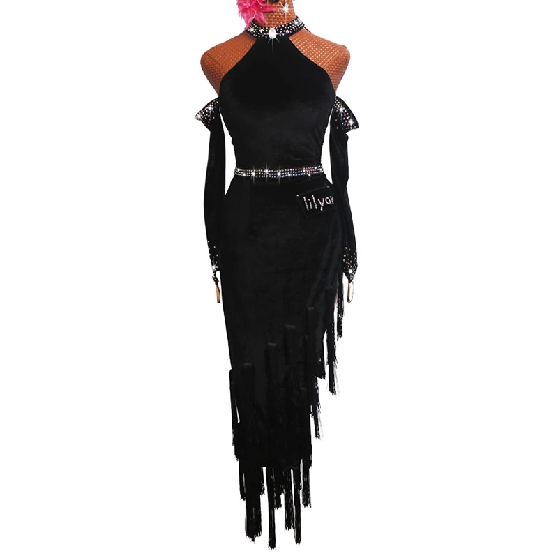 Сексуальное платье без бретелек для латинских танцев черное бархатное Фламенго