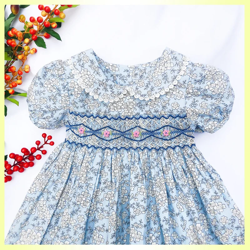 2020 kids Girls Princess Bow Smocked Dresses For 3 4 5 6 7 Years Girl Children Short Sleeved Flower Print School Dress Baby | Детская