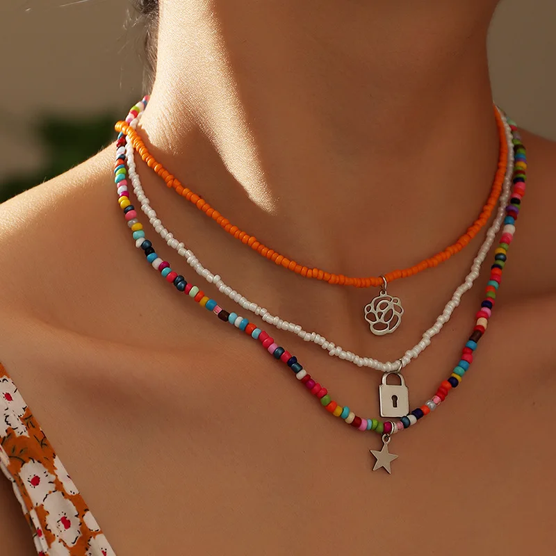 

Multi-color Beaded Layered Bohemian Choker with Flower/lock/star Charm Confetti Seed Bead Ethnic Tribal Minimal Jewellery XJ-39F