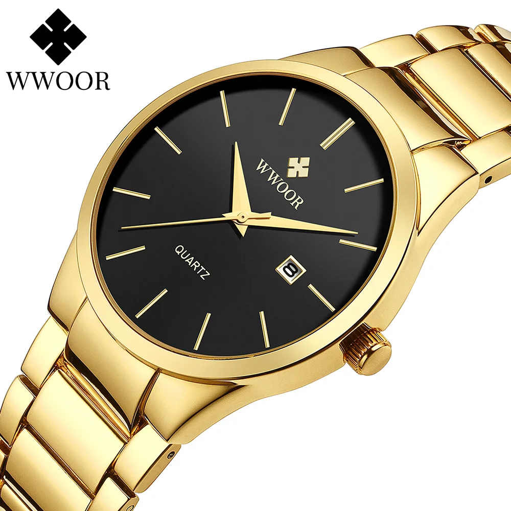 Relogio Masculino WWOOR Mens Watches Top Brand Luxury Gold Black Quartz Watch Men Steel Waterproof Date Wrist Watch Dropshipping