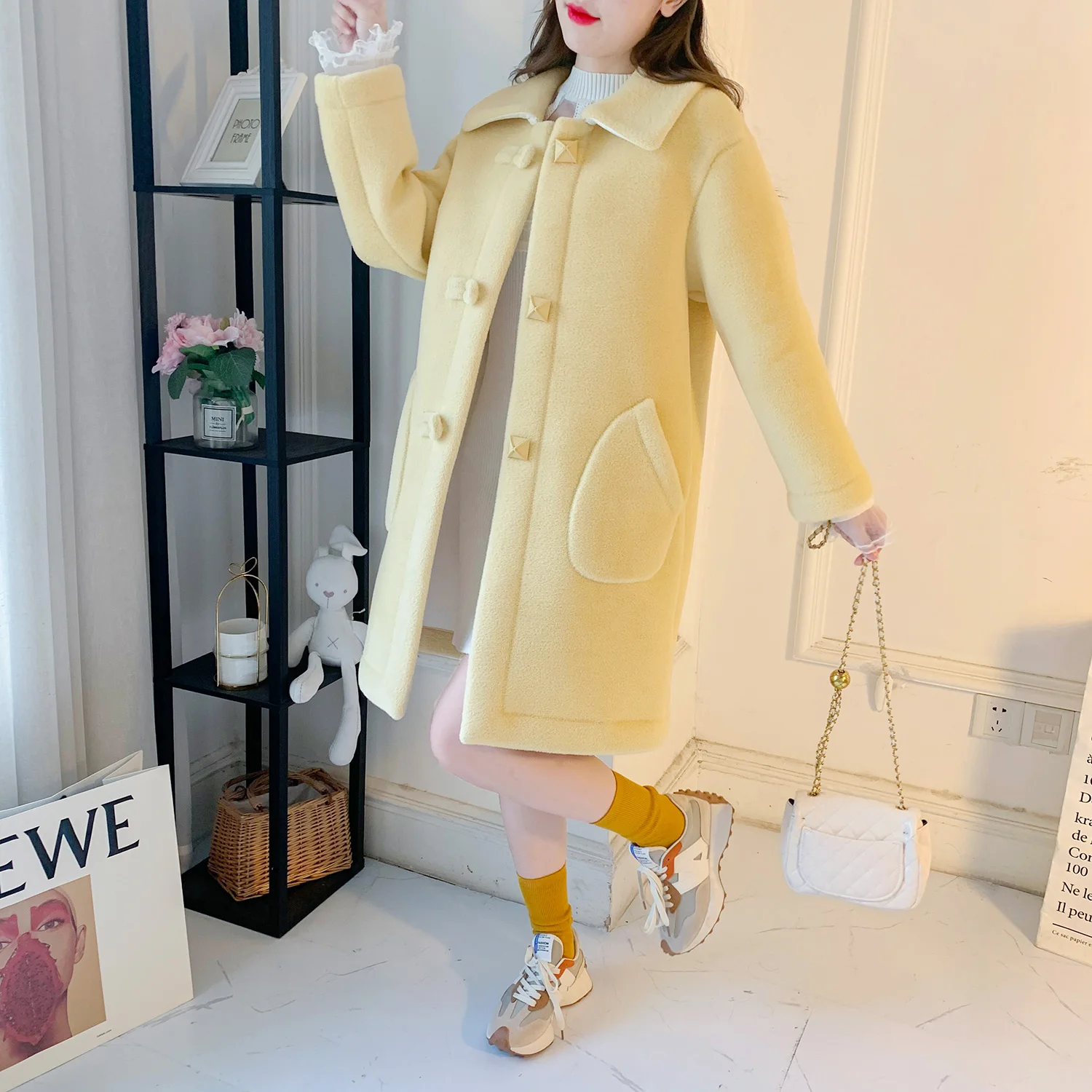 

BULOCHOVA женское плотное теплое меховое шерстяное пальто, новинка 2021, Зимняя женская однобортная прямая Длинная куртка, пальто, одежда